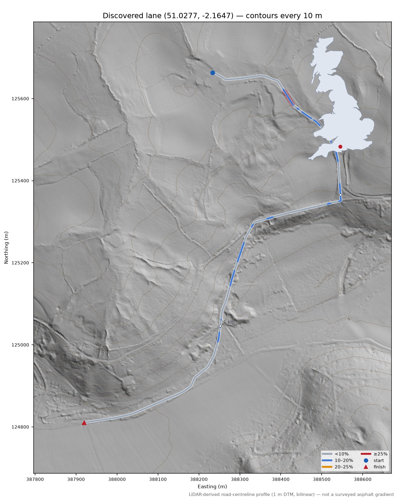 Discovered lane (51.0277, -2.1647) LiDAR hillshade map with contours