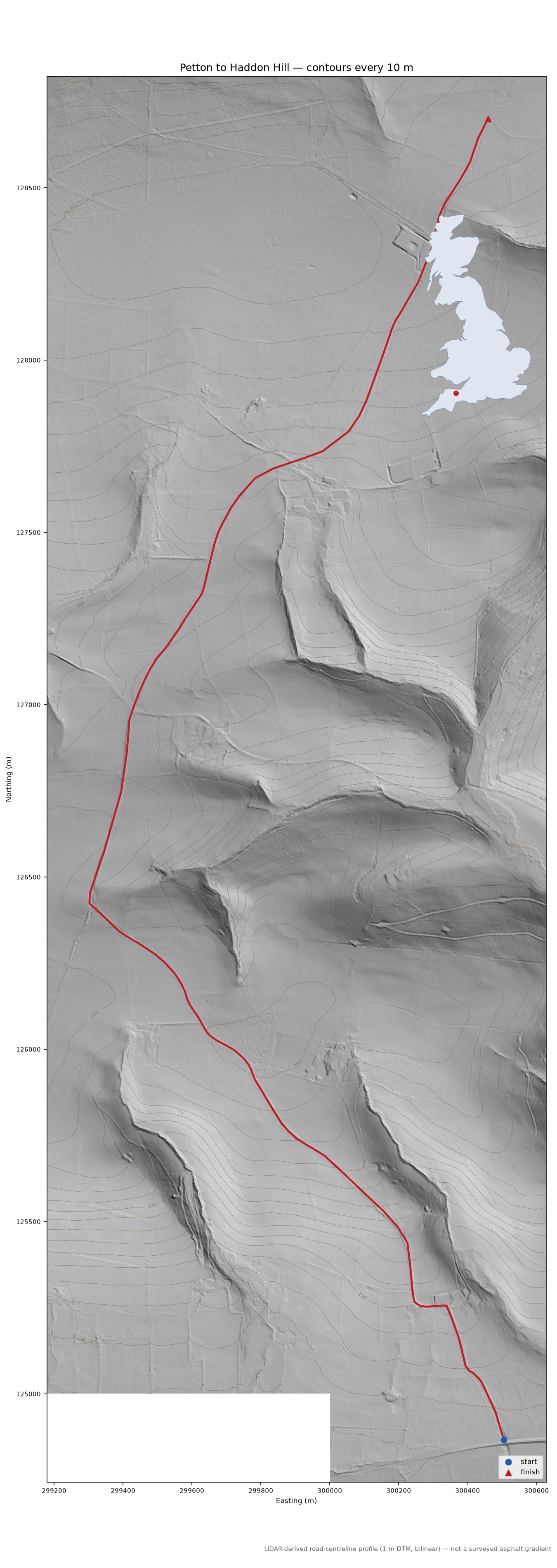 Petton to Haddon Hill LiDAR hillshade map with contours
