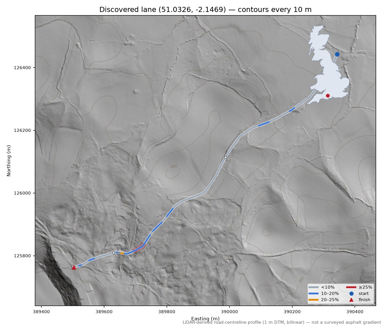 Discovered lane (51.0326, -2.1469) LiDAR hillshade map with contours