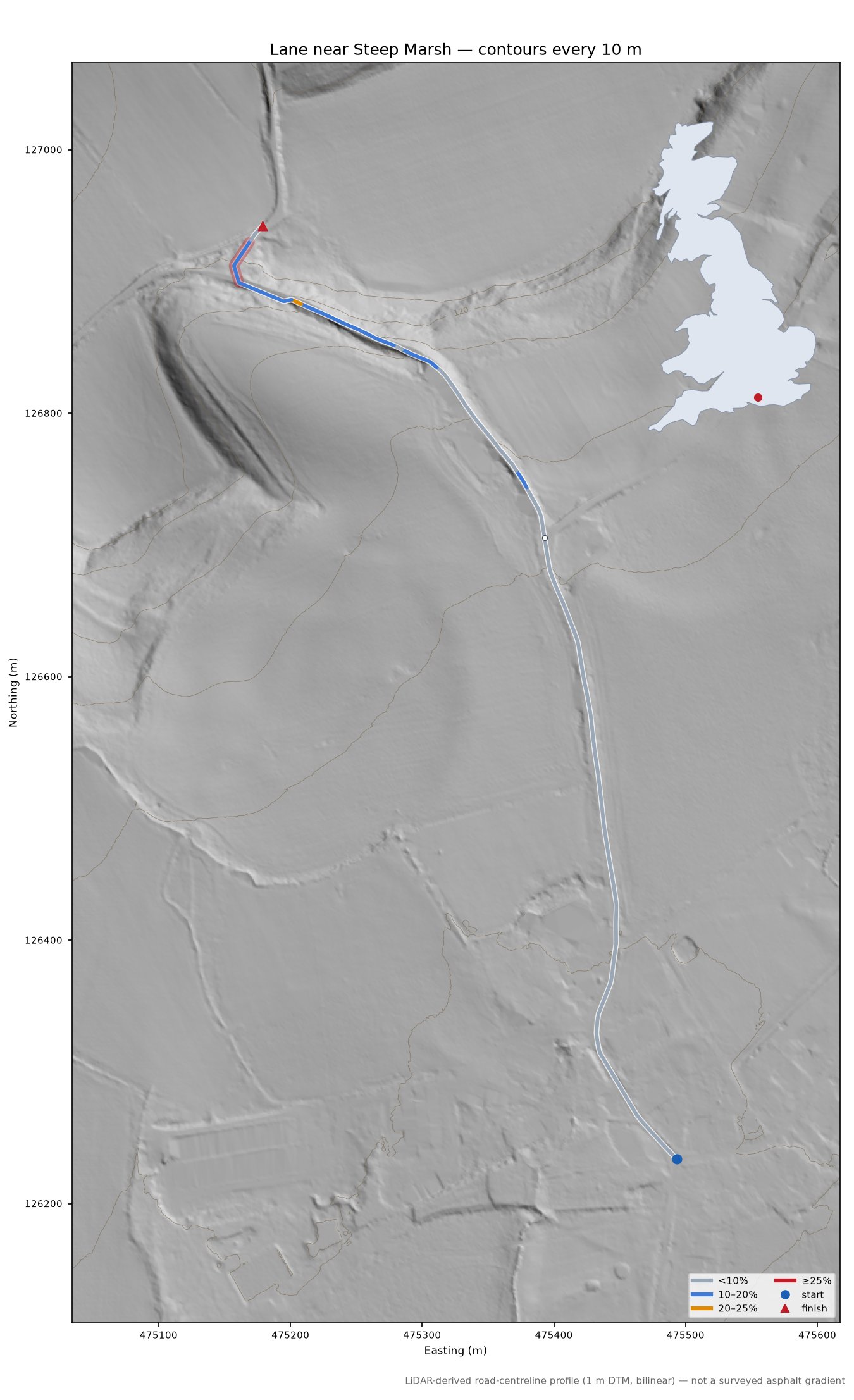 Lane near Steep Marsh LiDAR hillshade map with contours