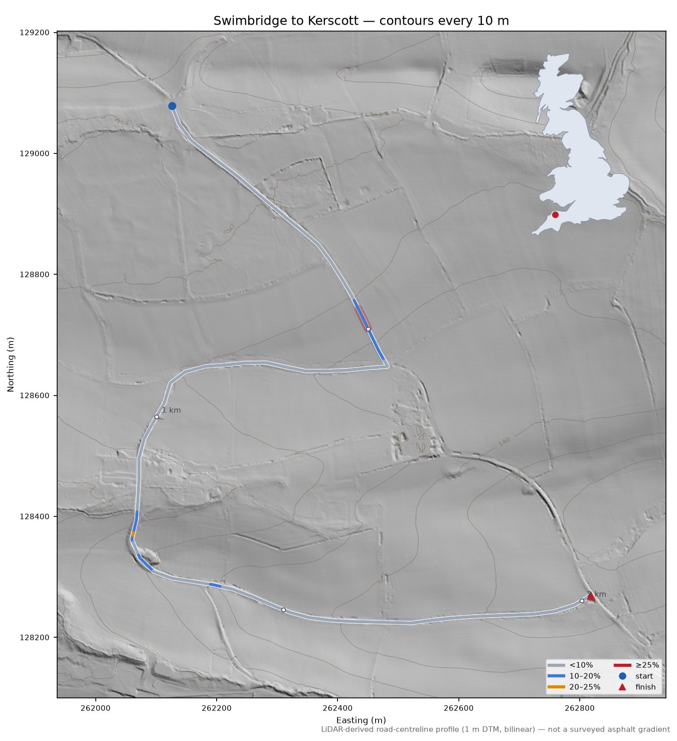 Swimbridge to Kerscott LiDAR hillshade map with contours
