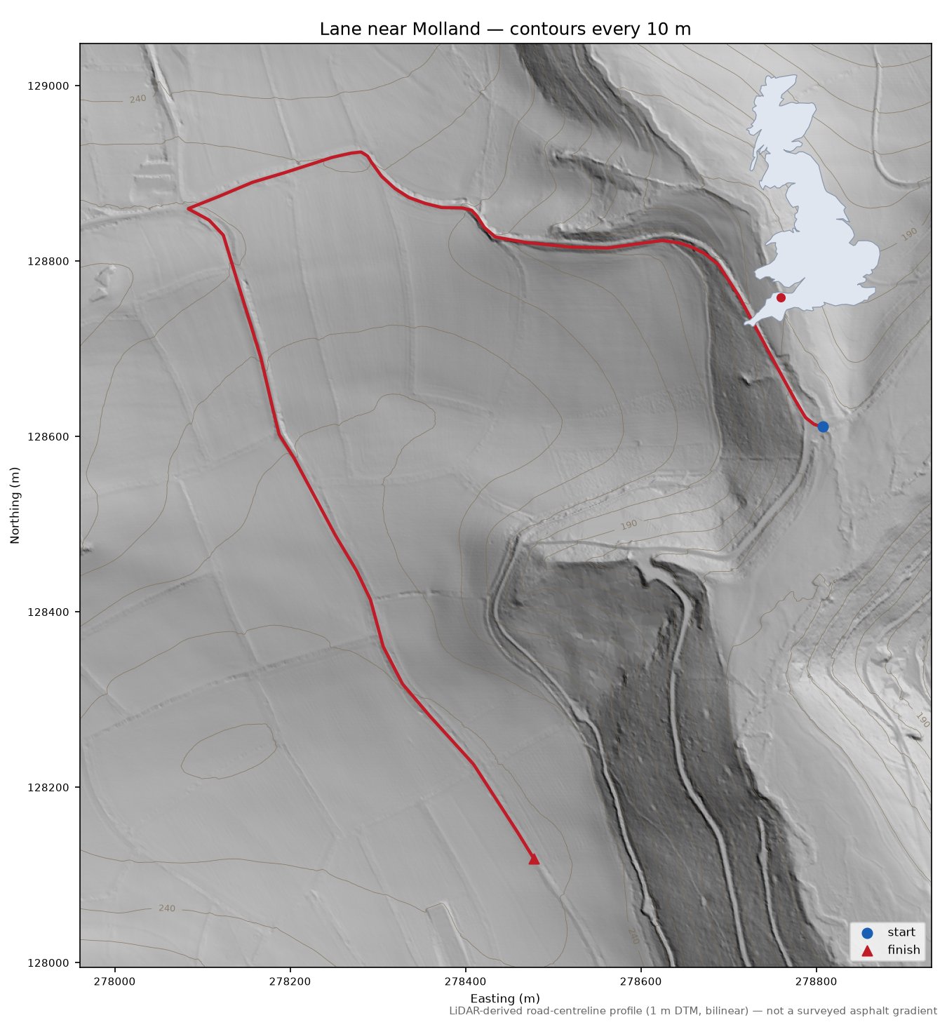 Lane near Molland LiDAR hillshade map with contours
