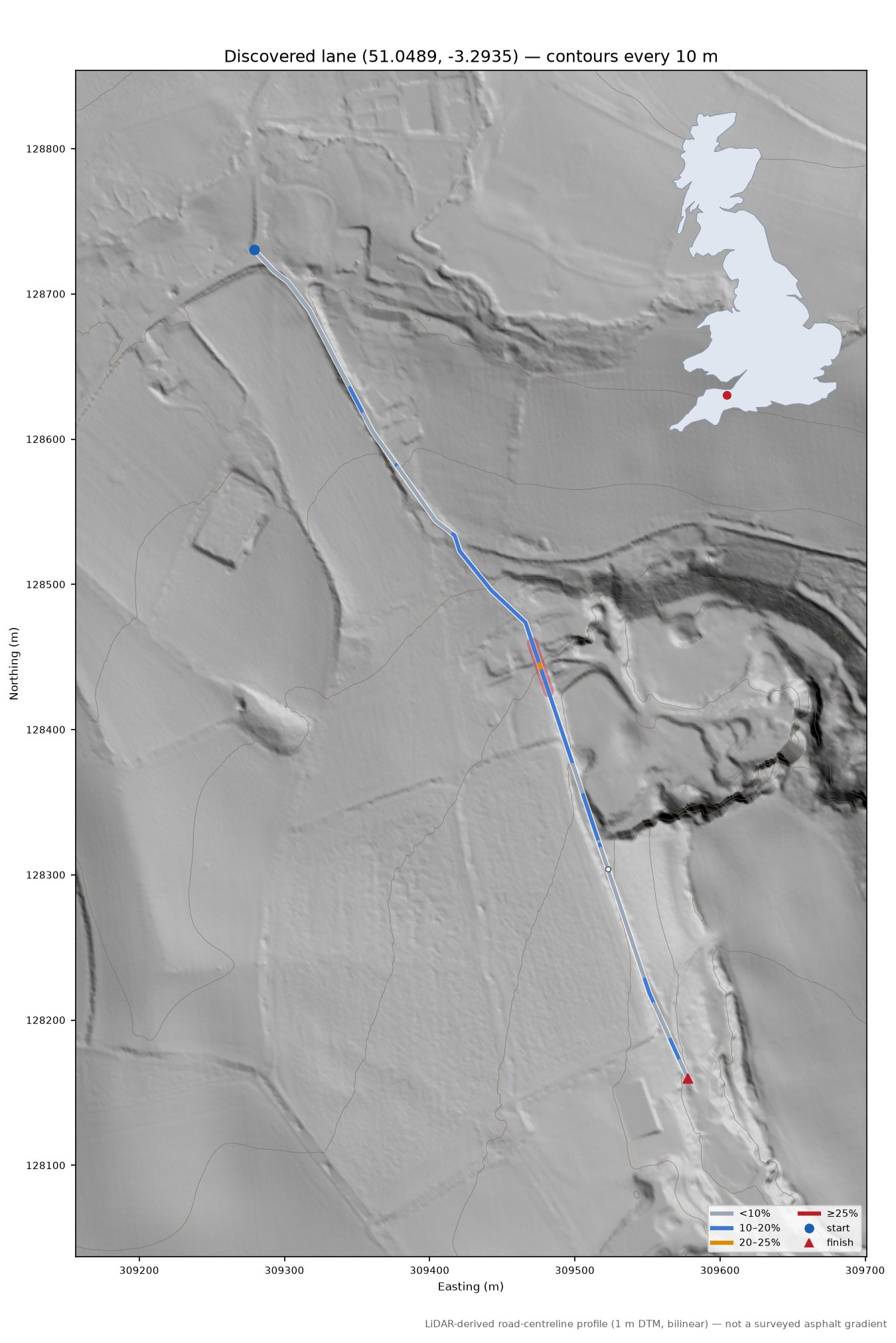 Discovered lane (51.0489, -3.2935) LiDAR hillshade map with contours