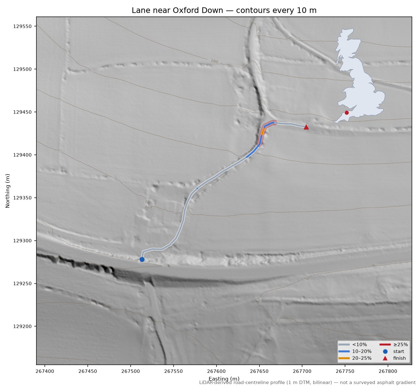 Lane near Oxford Down LiDAR hillshade map with contours