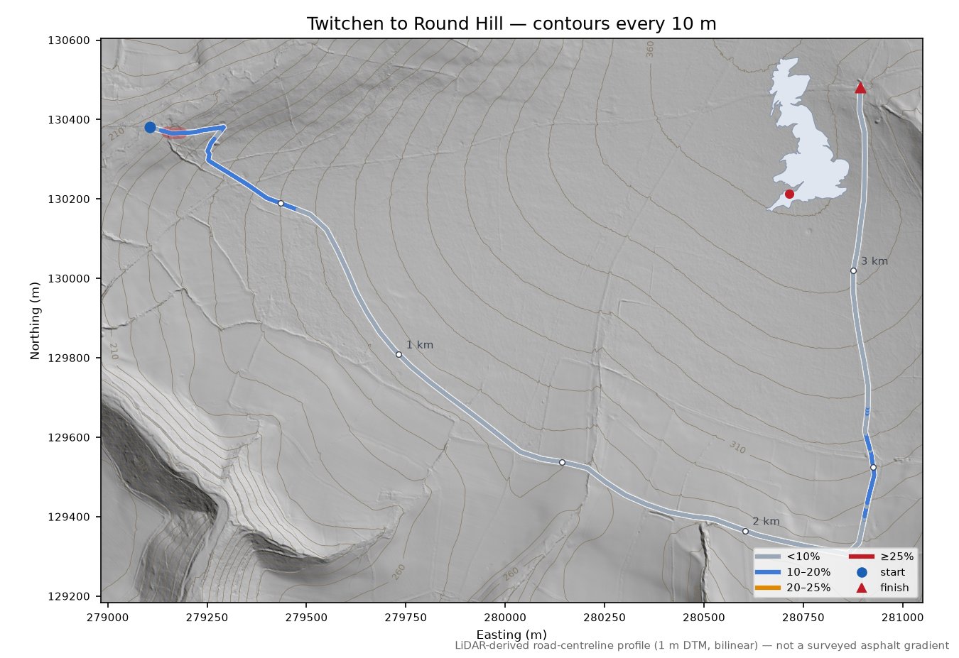 Twitchen to Round Hill LiDAR hillshade map with contours