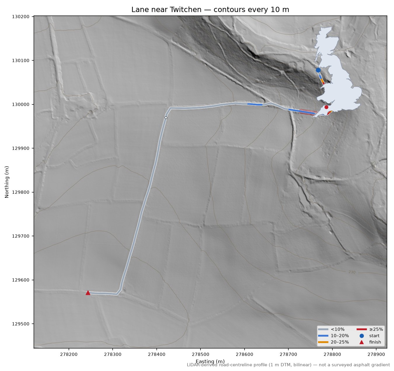 Lane near Twitchen LiDAR hillshade map with contours