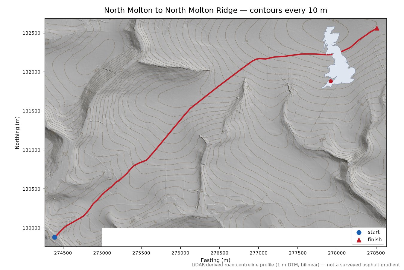 North Molton to North Molton Ridge LiDAR hillshade map with contours