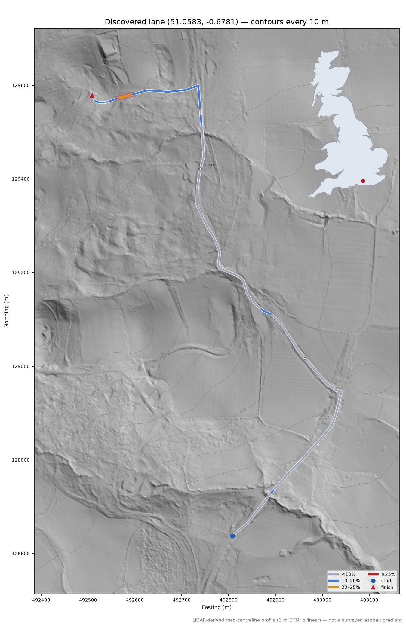 Discovered lane (51.0583, -0.6781) LiDAR hillshade map with contours