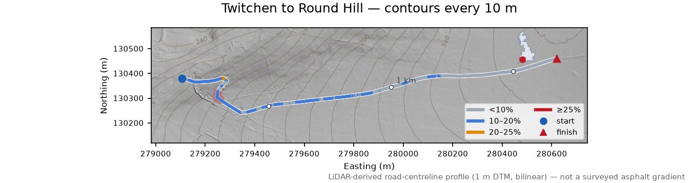 Twitchen to Round Hill LiDAR hillshade map with contours