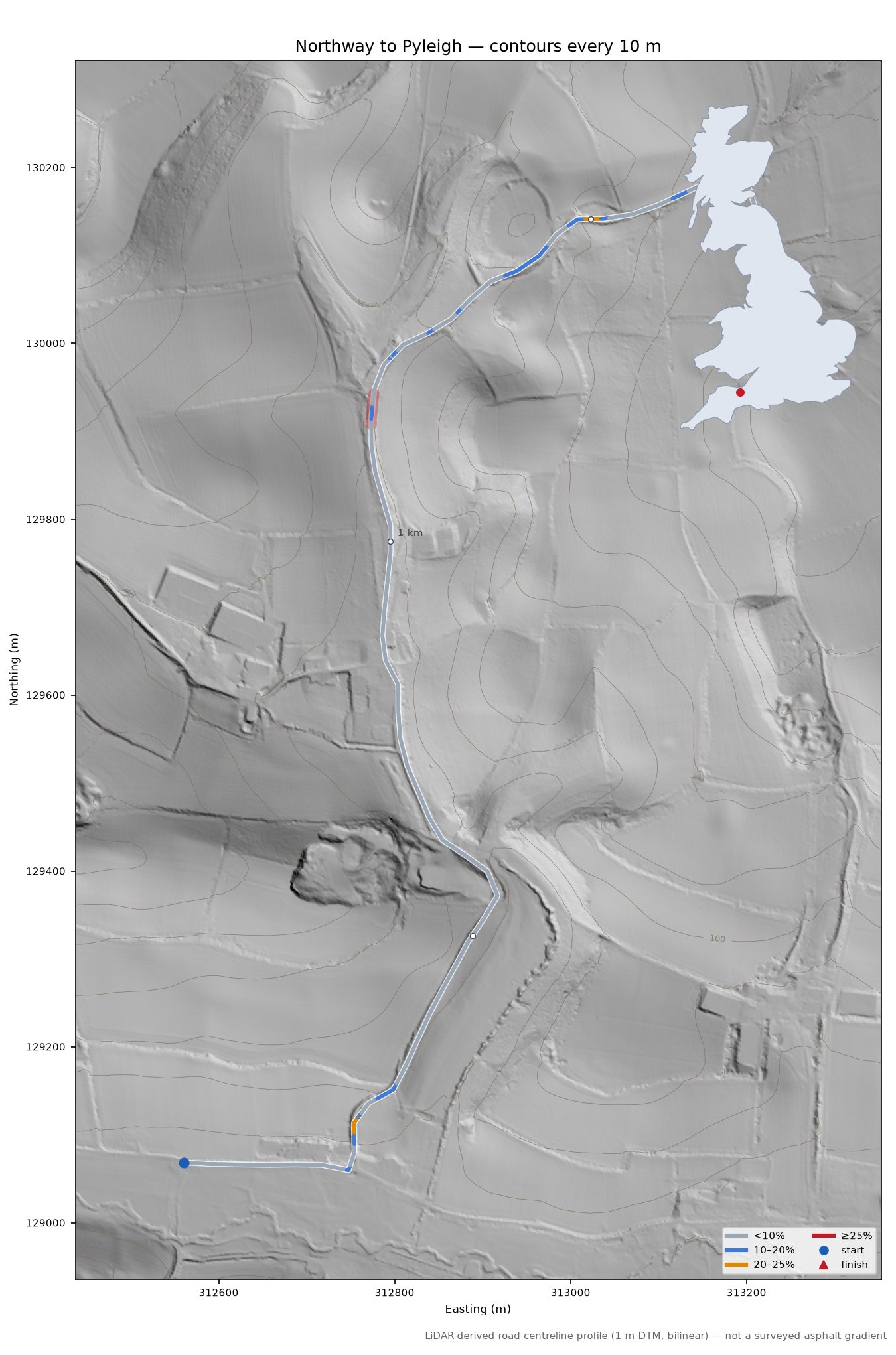 Northway to Pyleigh LiDAR hillshade map with contours