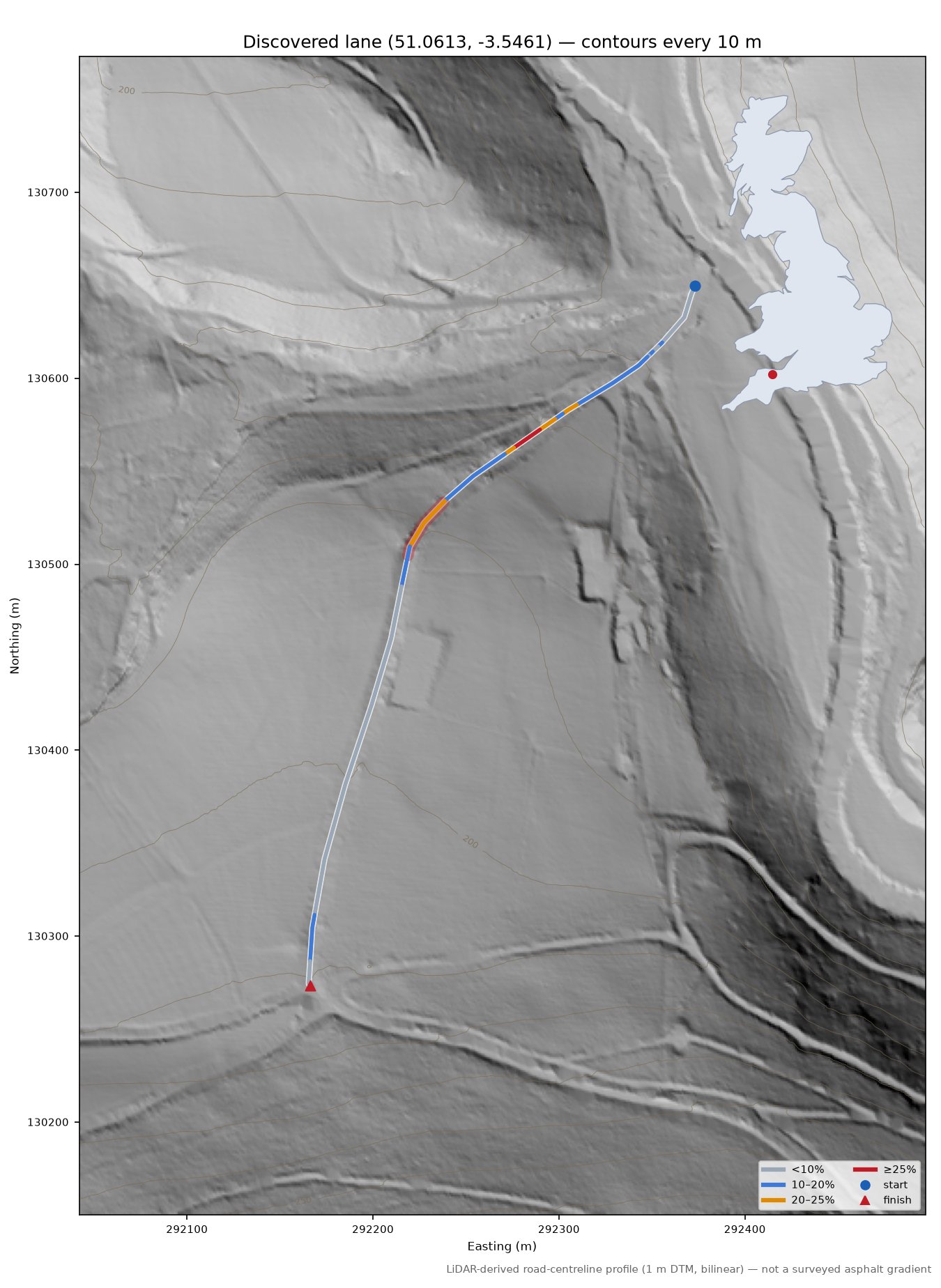 Discovered lane (51.0613, -3.5461) LiDAR hillshade map with contours