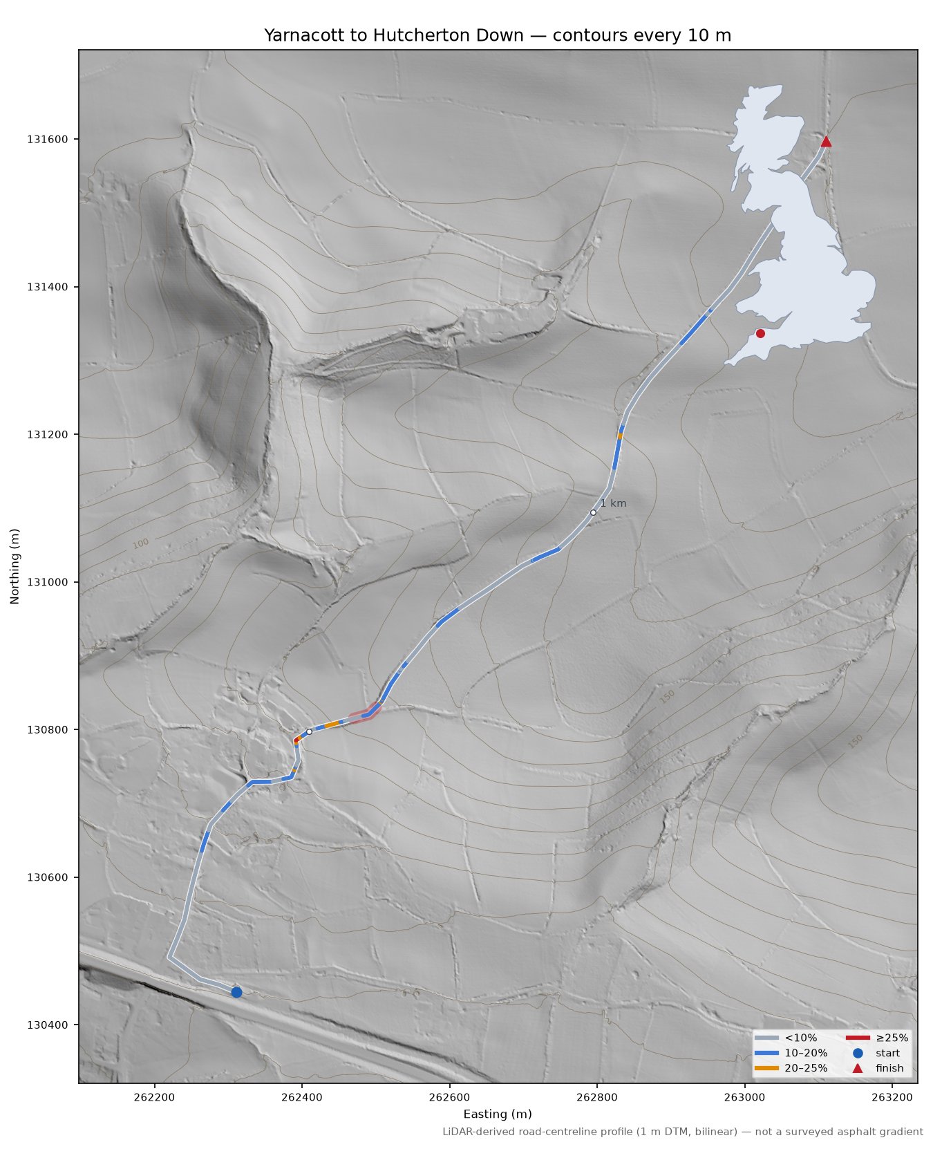 Yarnacott to Hutcherton Down LiDAR hillshade map with contours