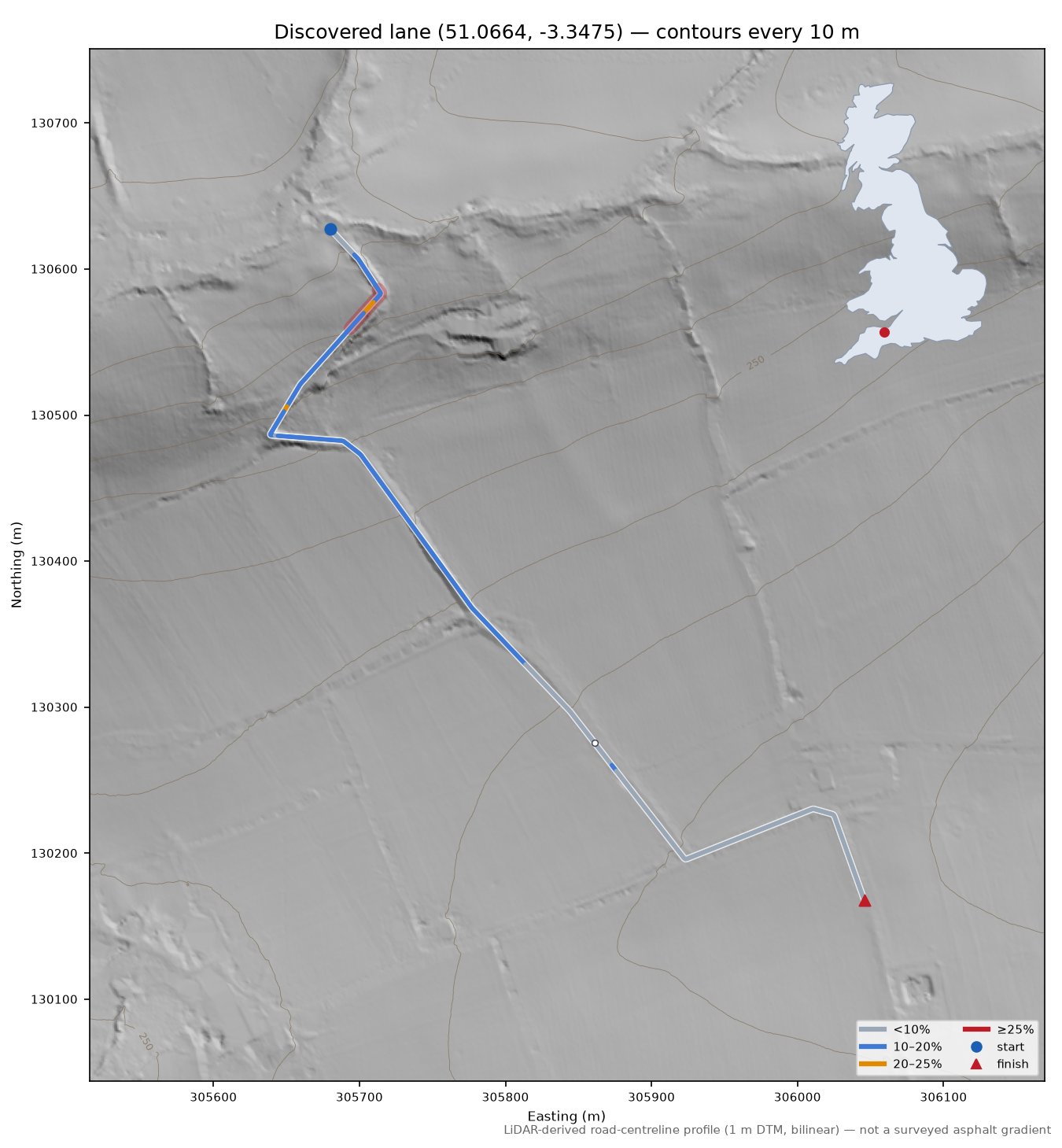 Discovered lane (51.0664, -3.3475) LiDAR hillshade map with contours
