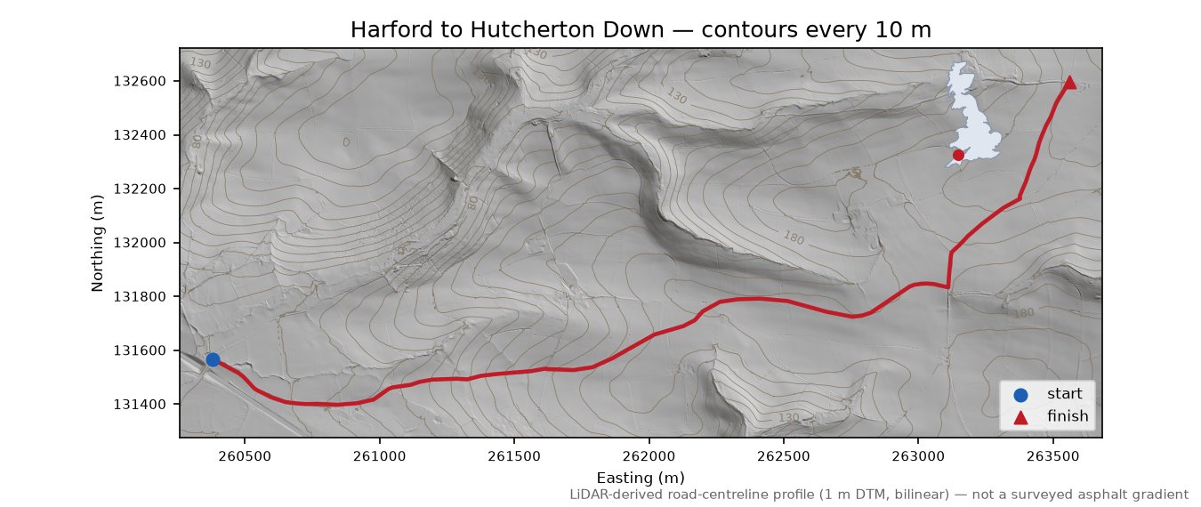 Harford to Hutcherton Down LiDAR hillshade map with contours