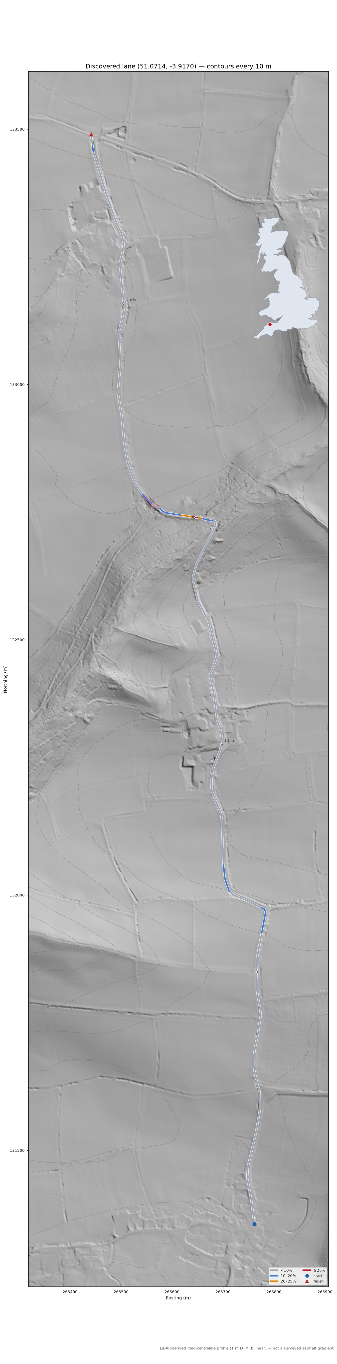 Discovered lane (51.0714, -3.9170) LiDAR hillshade map with contours