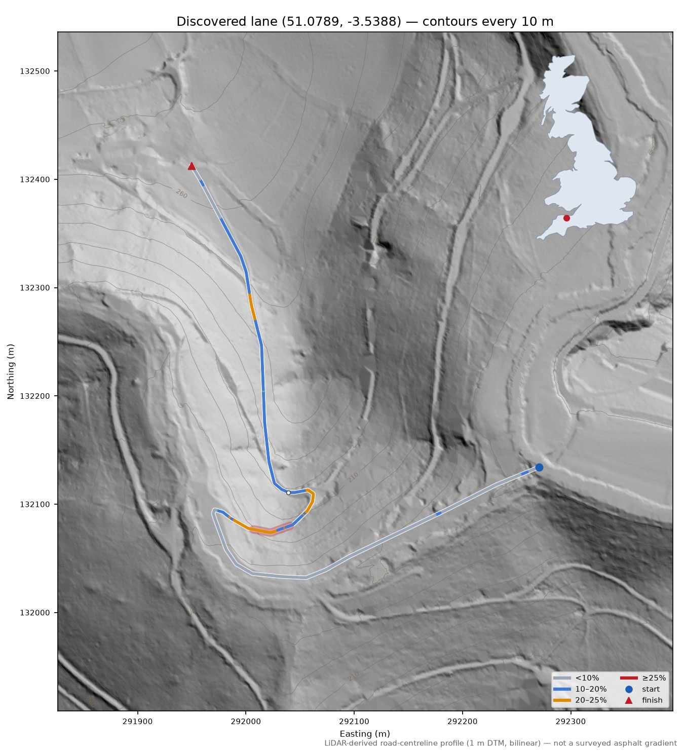 Discovered lane (51.0789, -3.5388) LiDAR hillshade map with contours