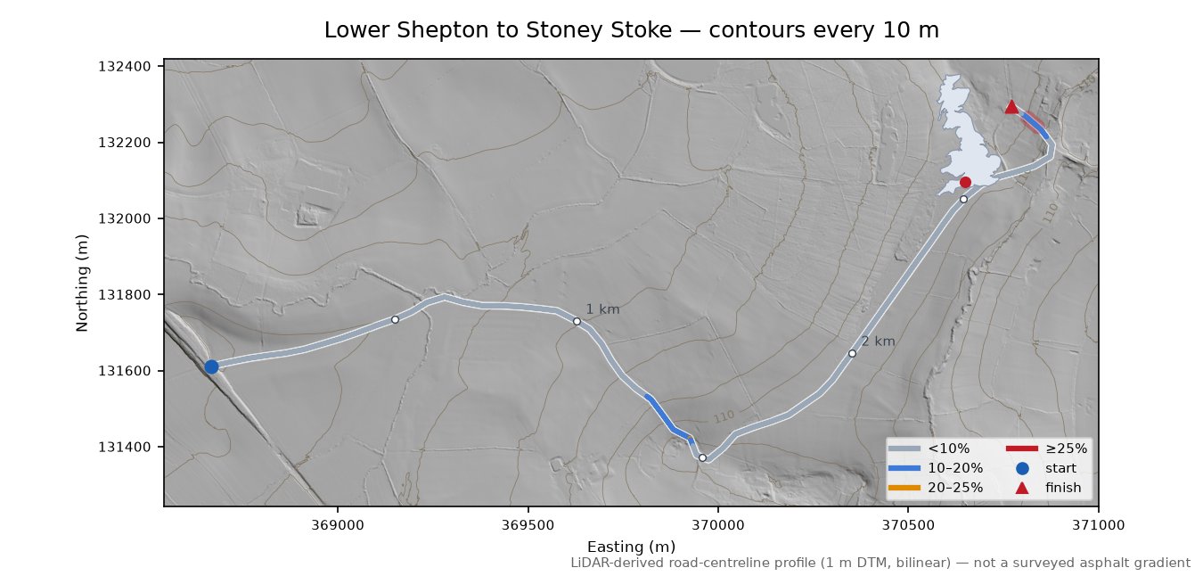Lower Shepton to Stoney Stoke LiDAR hillshade map with contours