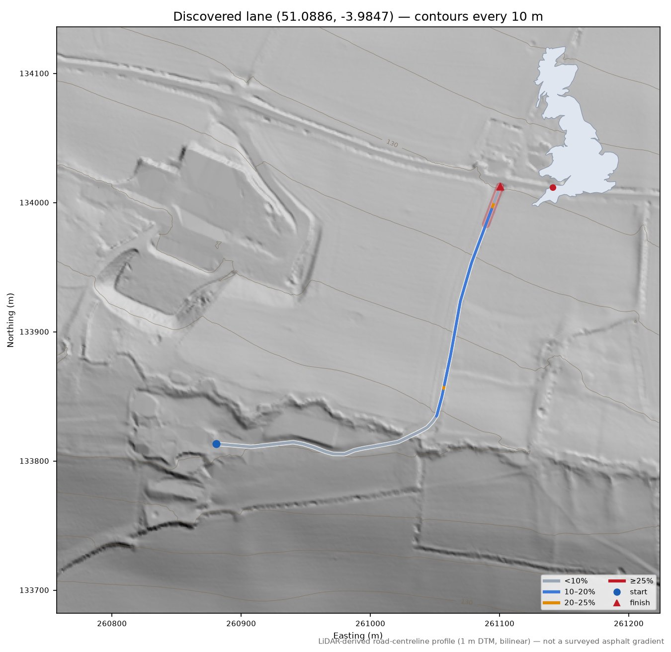 Discovered lane (51.0886, -3.9847) LiDAR hillshade map with contours