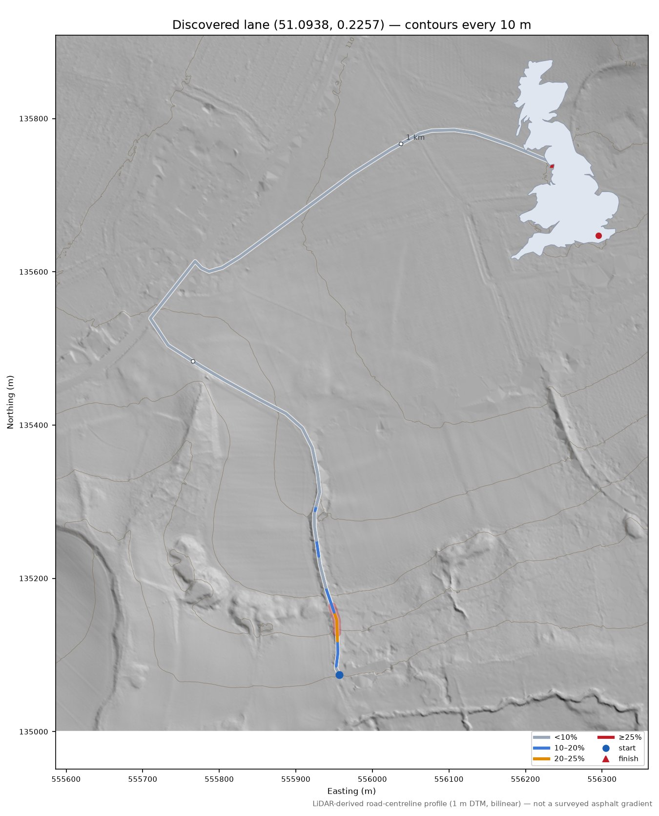 Discovered lane (51.0938, 0.2257) LiDAR hillshade map with contours