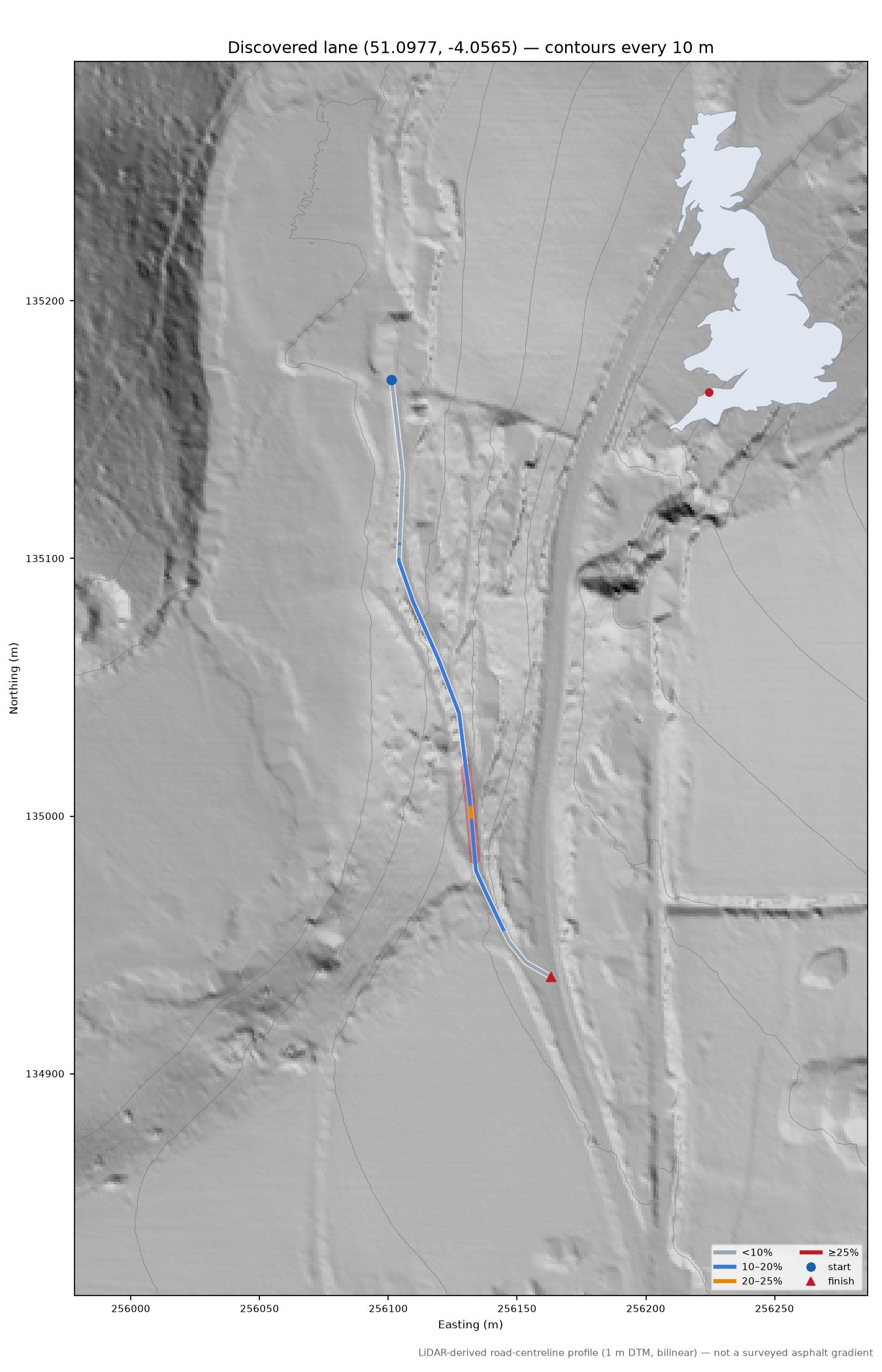 Discovered lane (51.0977, -4.0565) LiDAR hillshade map with contours
