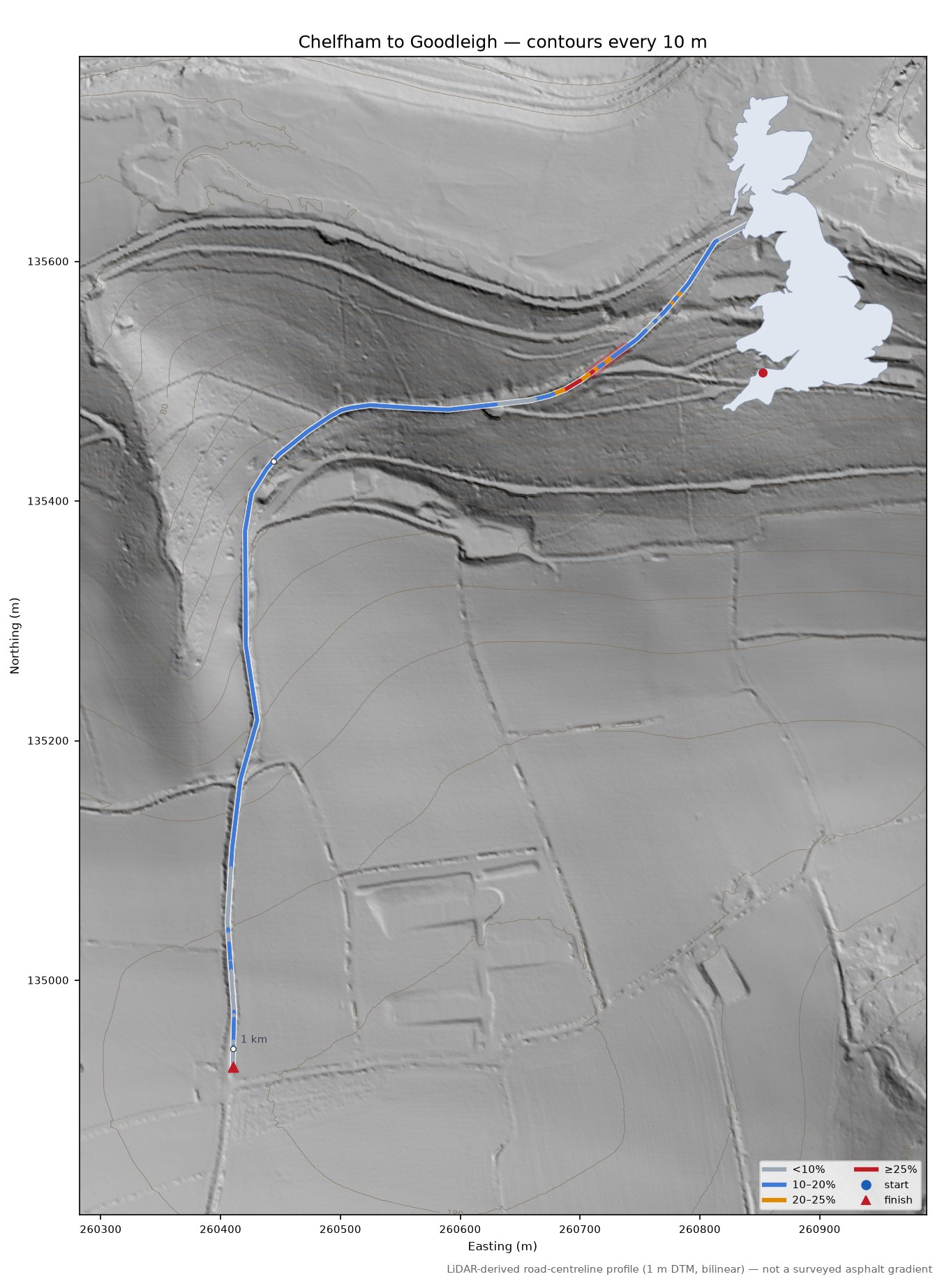 Chelfham to Goodleigh LiDAR hillshade map with contours