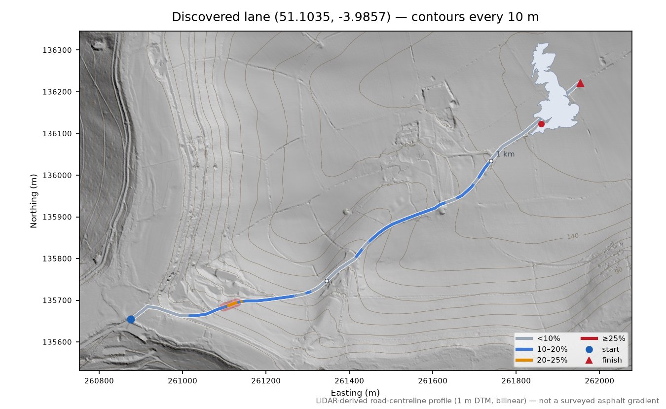 Discovered lane (51.1035, -3.9857) LiDAR hillshade map with contours