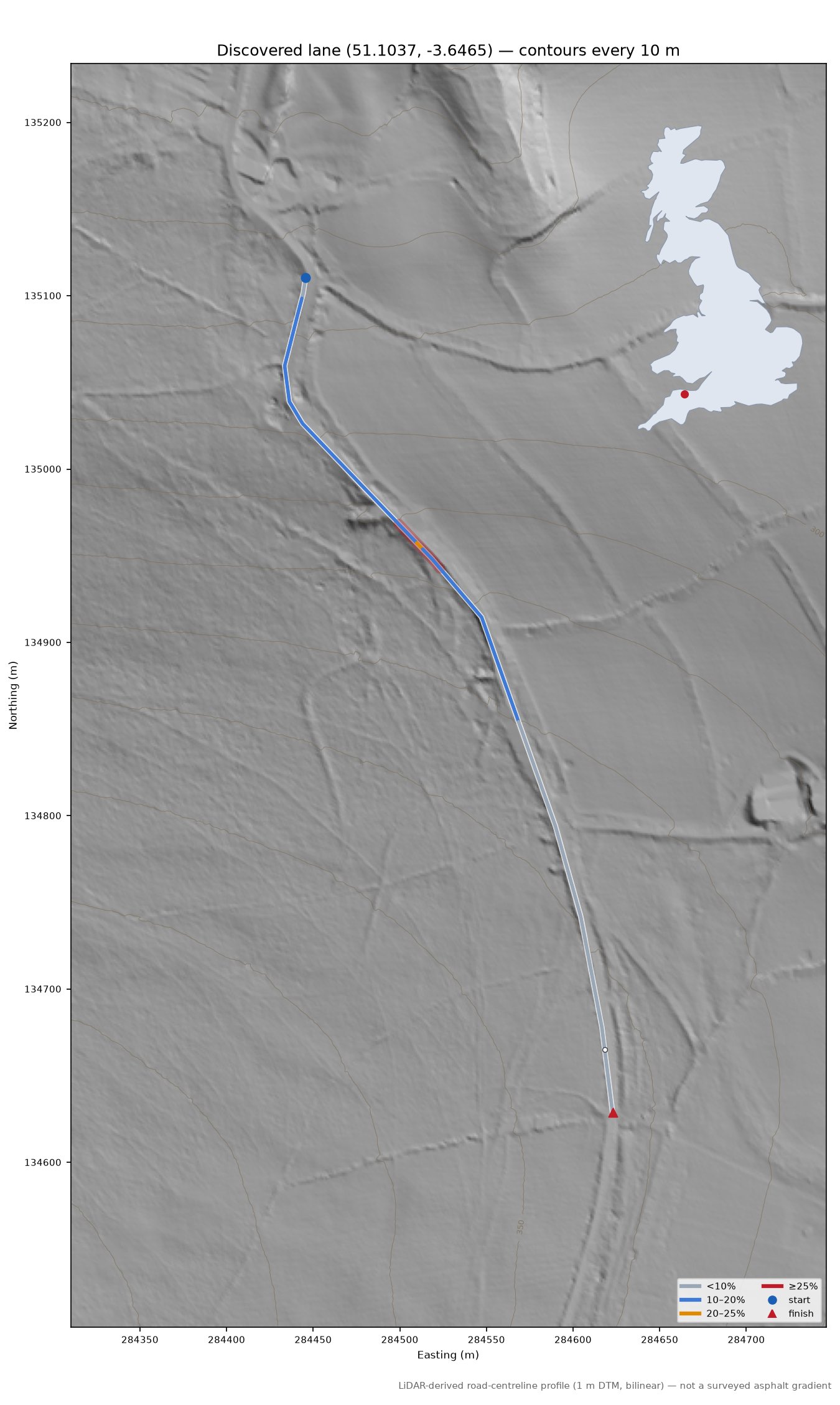 Discovered lane (51.1037, -3.6465) LiDAR hillshade map with contours