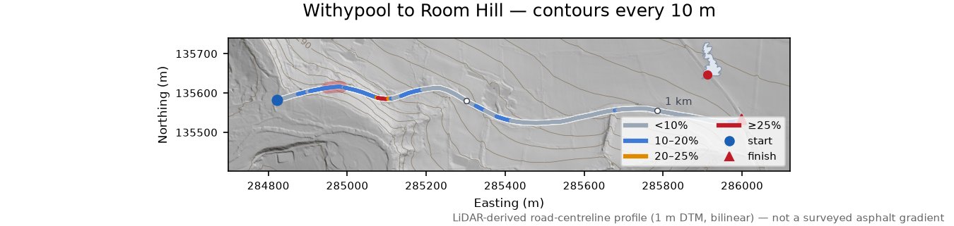 Withypool to Room Hill LiDAR hillshade map with contours