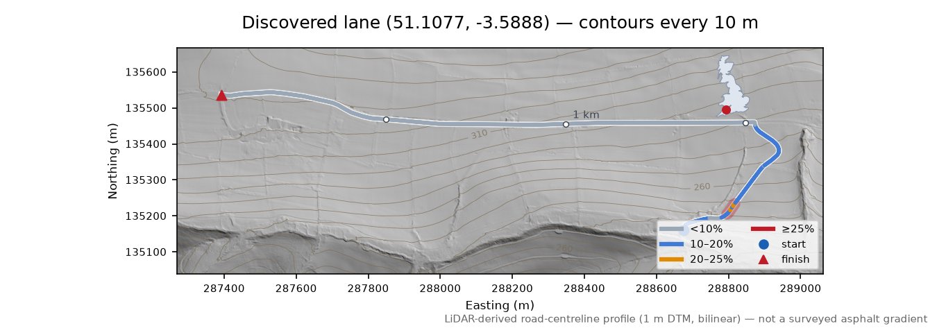 Discovered lane (51.1077, -3.5888) LiDAR hillshade map with contours