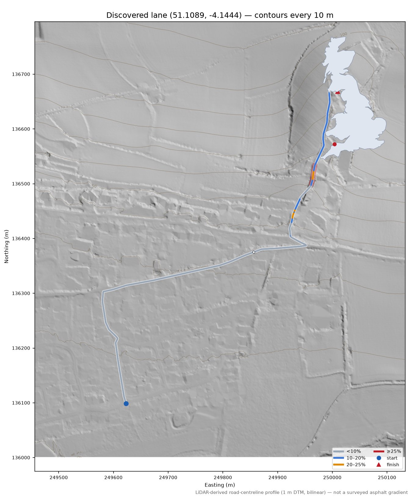 Discovered lane (51.1089, -4.1444) LiDAR hillshade map with contours