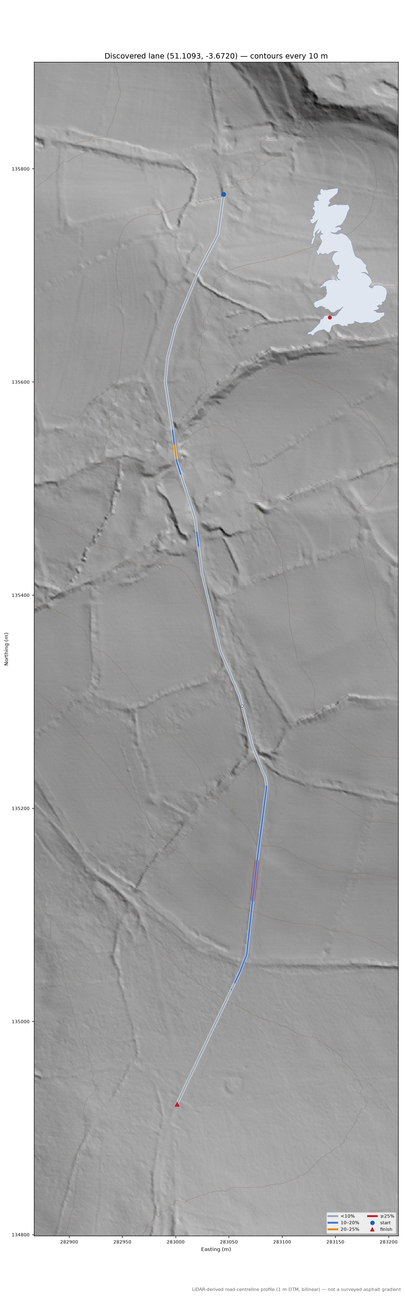 Discovered lane (51.1093, -3.6720) LiDAR hillshade map with contours