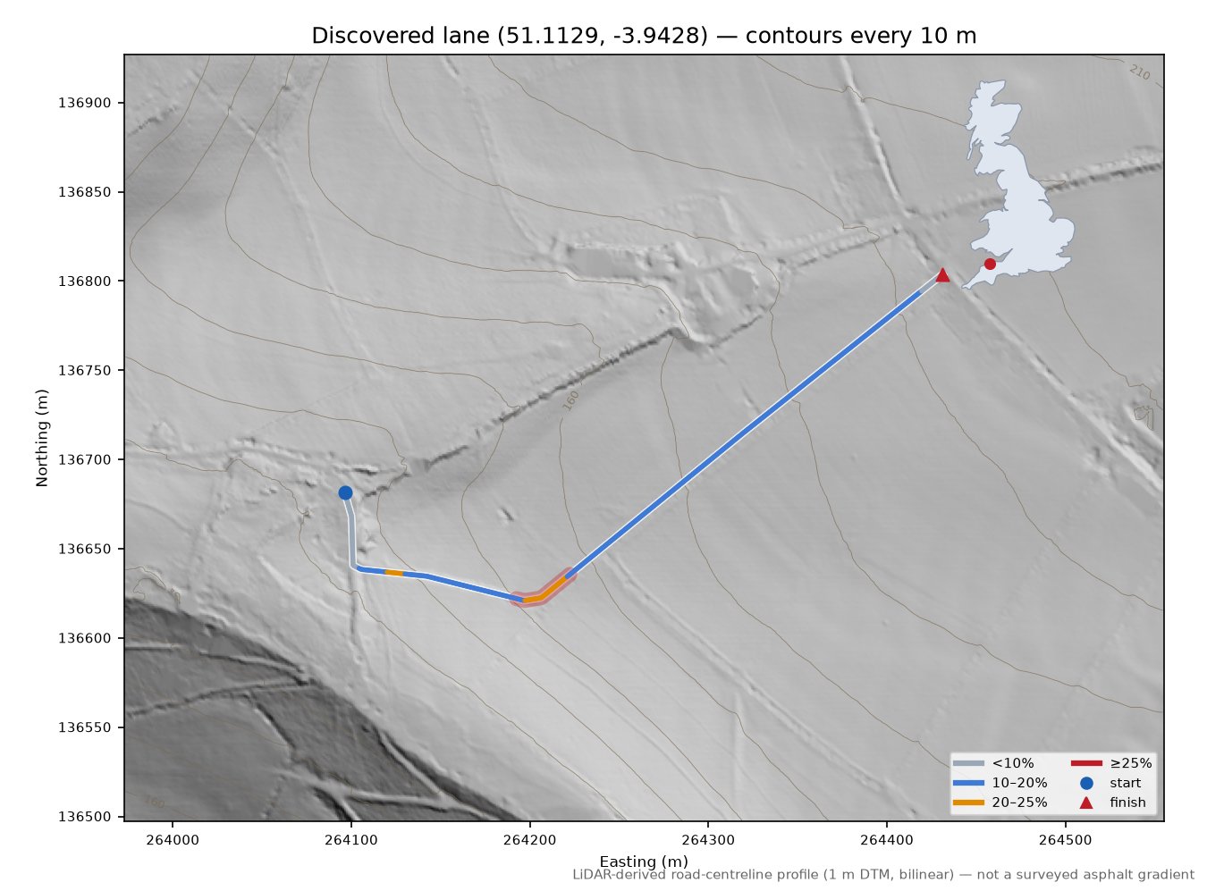 Discovered lane (51.1129, -3.9428) LiDAR hillshade map with contours