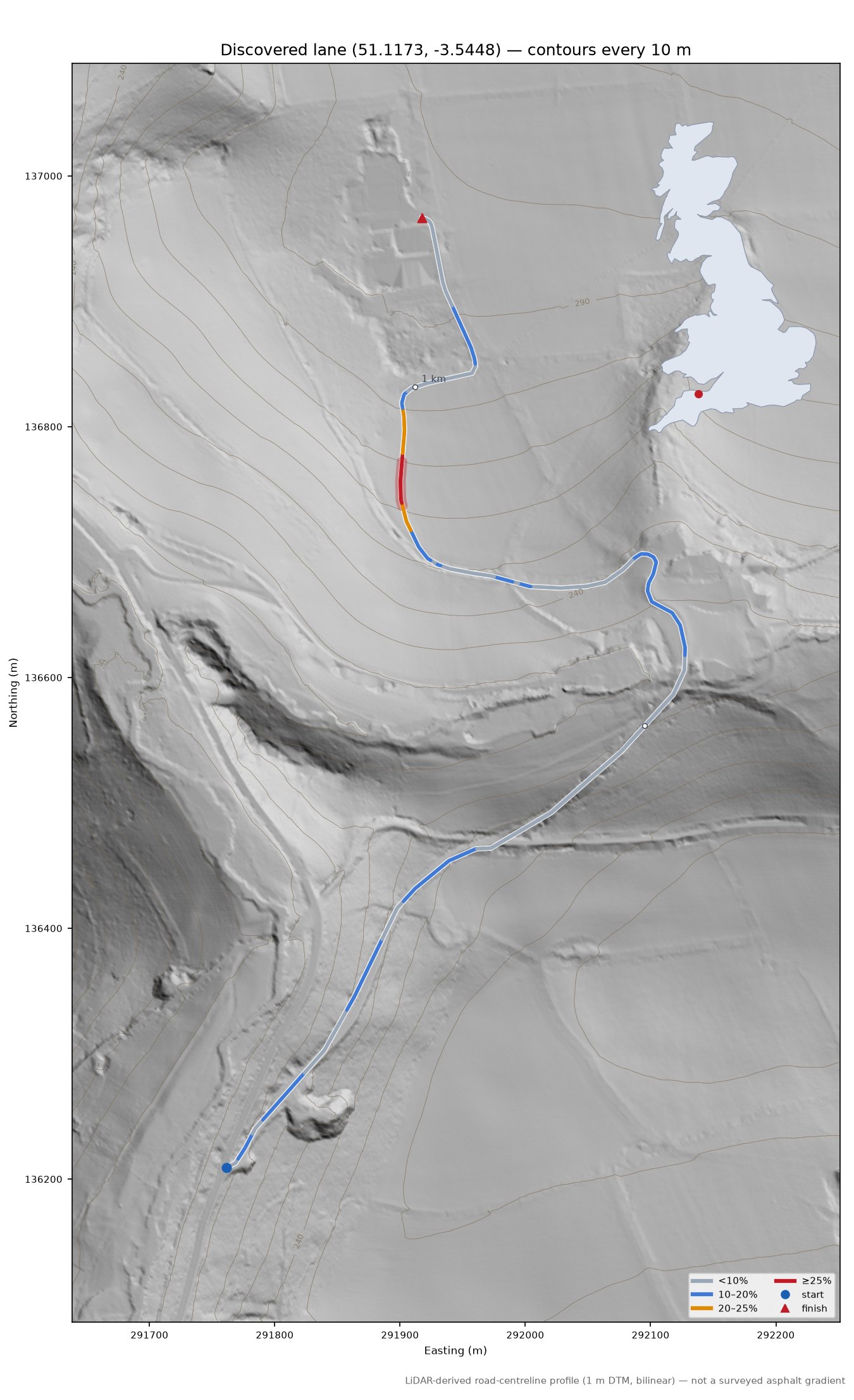 Discovered lane (51.1173, -3.5448) LiDAR hillshade map with contours