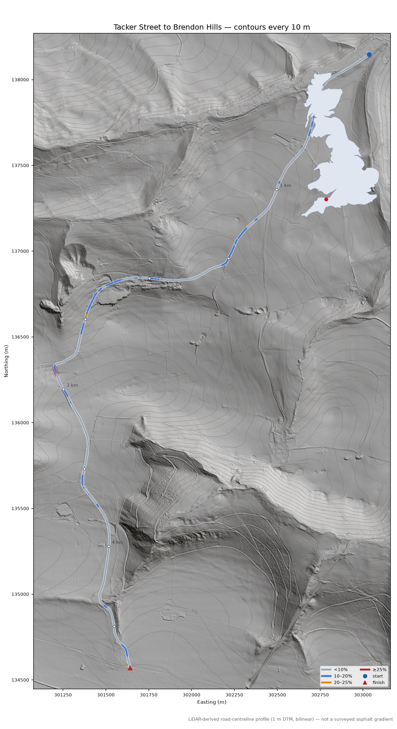 Tacker Street to Brendon Hills LiDAR hillshade map with contours