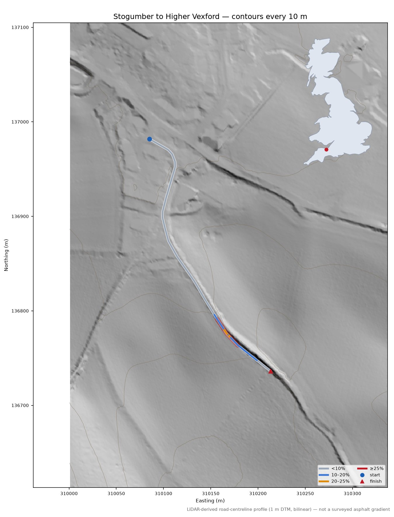 Stogumber to Higher Vexford LiDAR hillshade map with contours