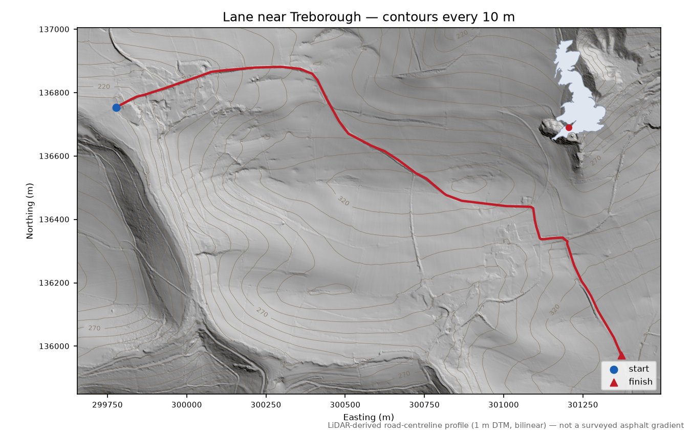 Lane near Treborough LiDAR hillshade map with contours