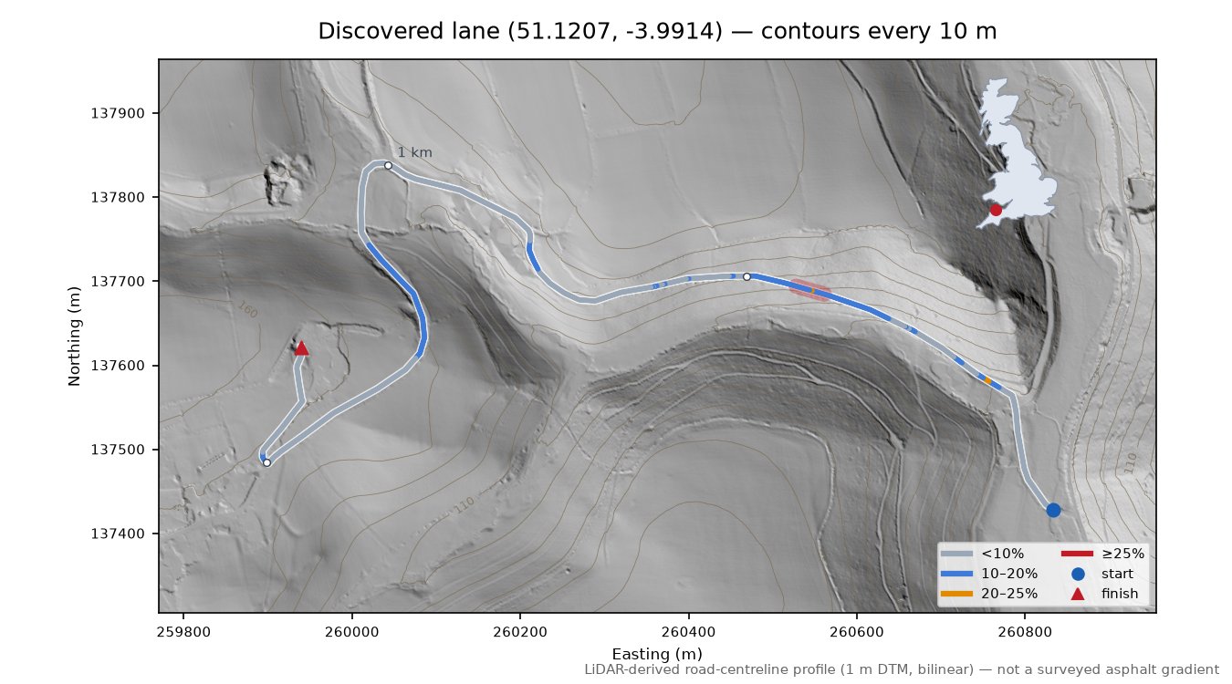 Discovered lane (51.1207, -3.9914) LiDAR hillshade map with contours