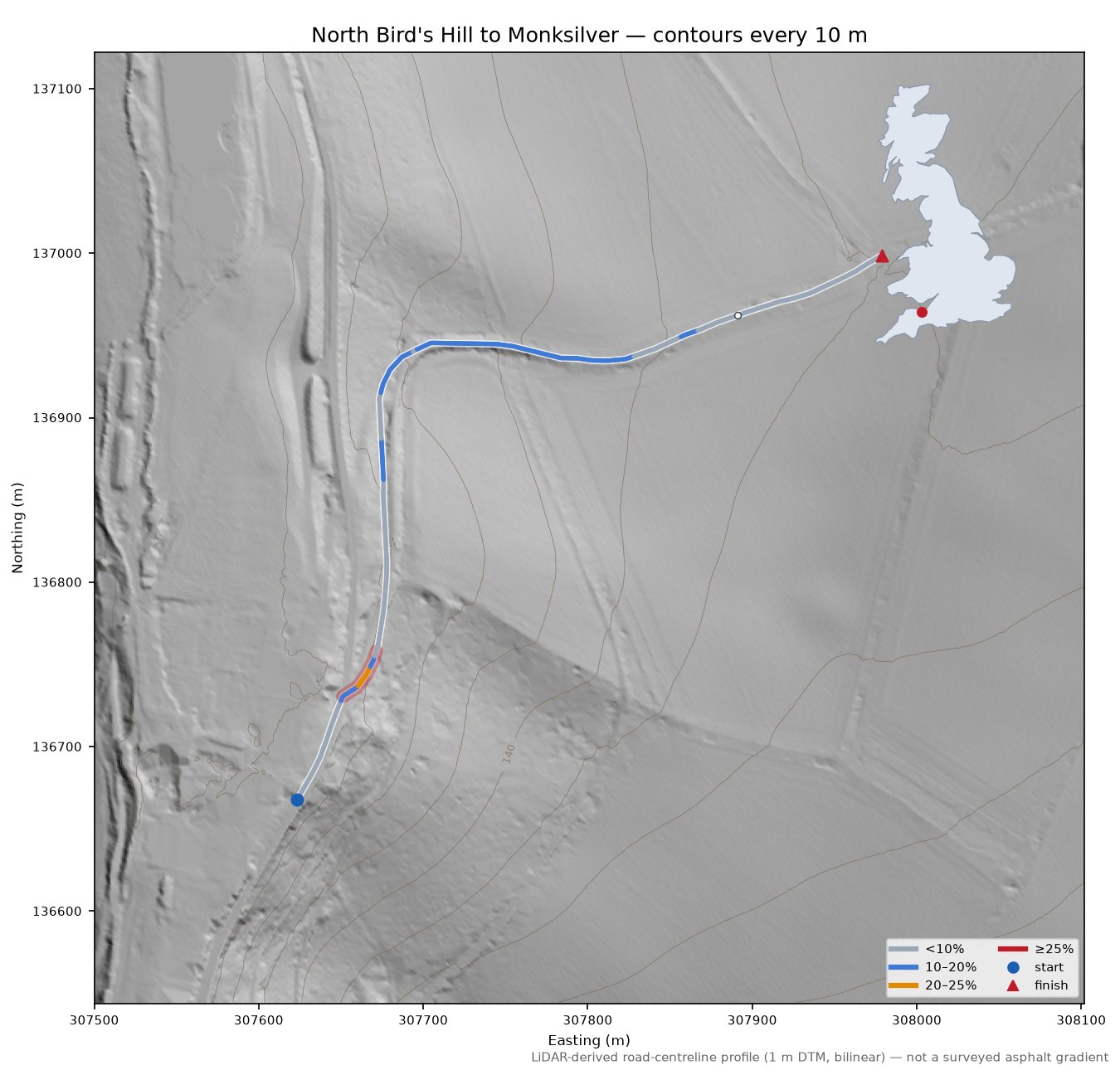 North Bird's Hill to Monksilver LiDAR hillshade map with contours