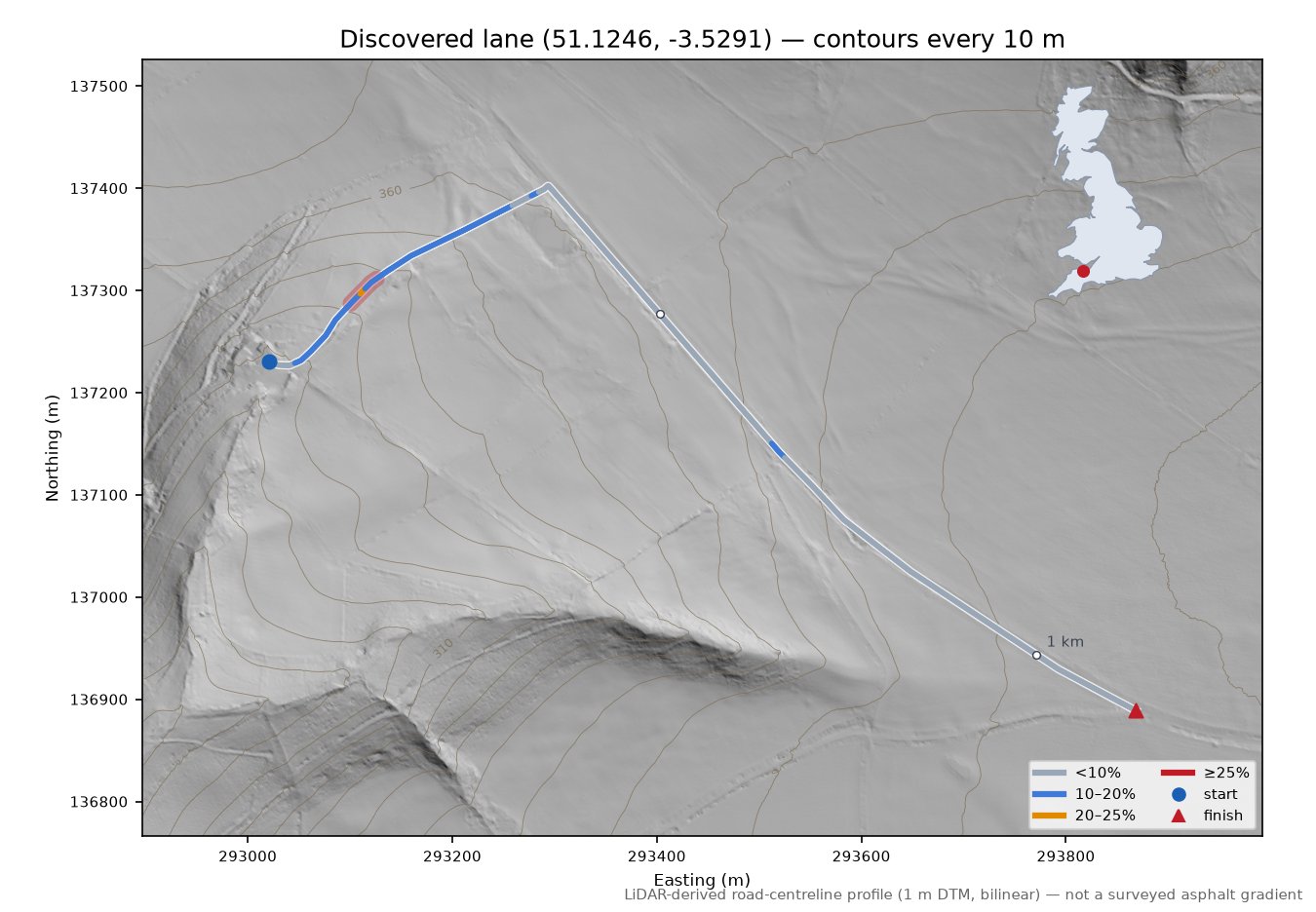 Discovered lane (51.1246, -3.5291) LiDAR hillshade map with contours