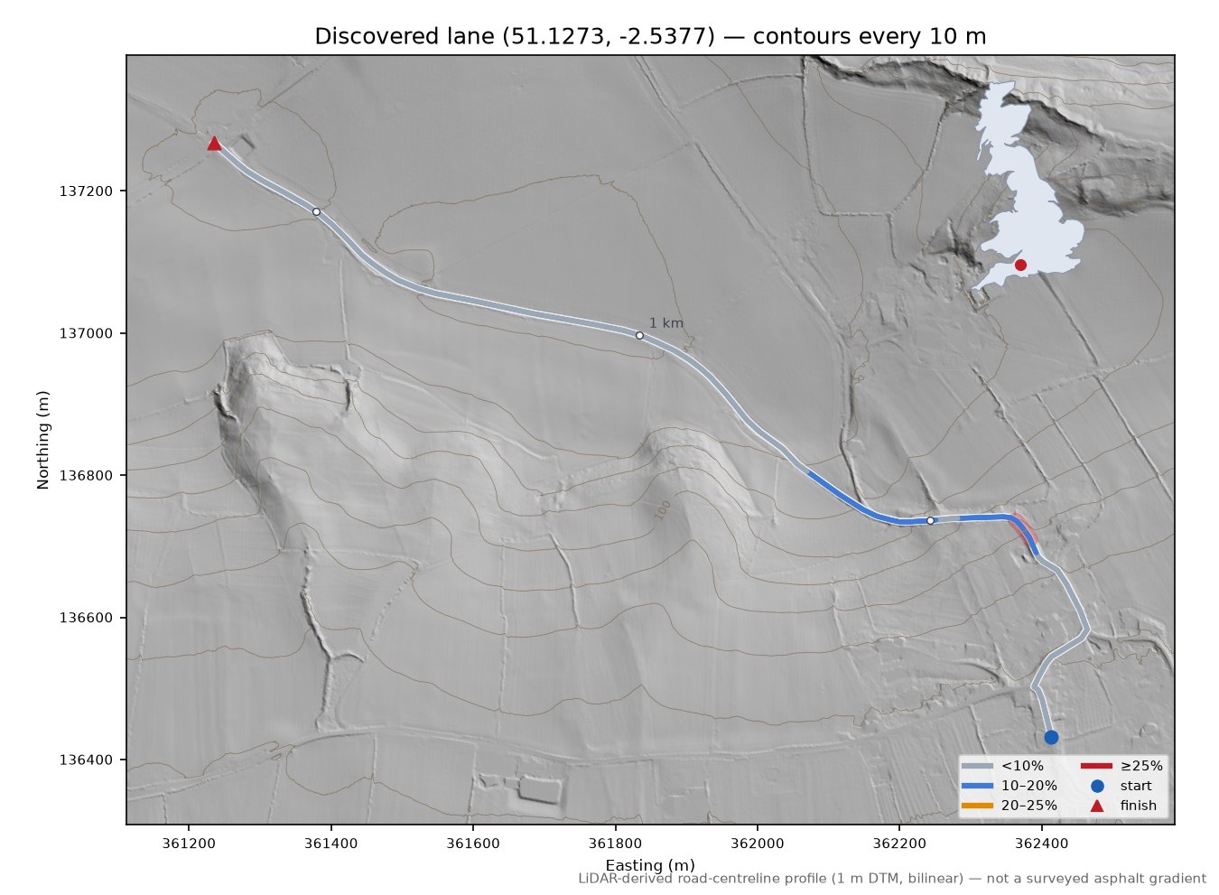 Discovered lane (51.1273, -2.5377) LiDAR hillshade map with contours