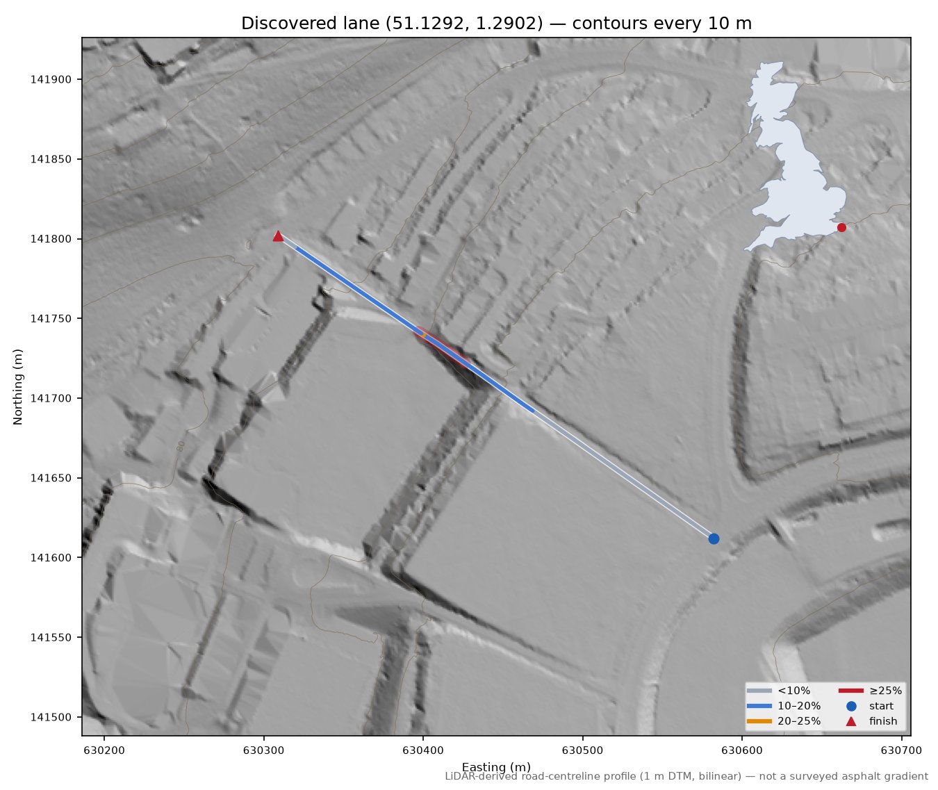 Discovered lane (51.1292, 1.2902) LiDAR hillshade map with contours