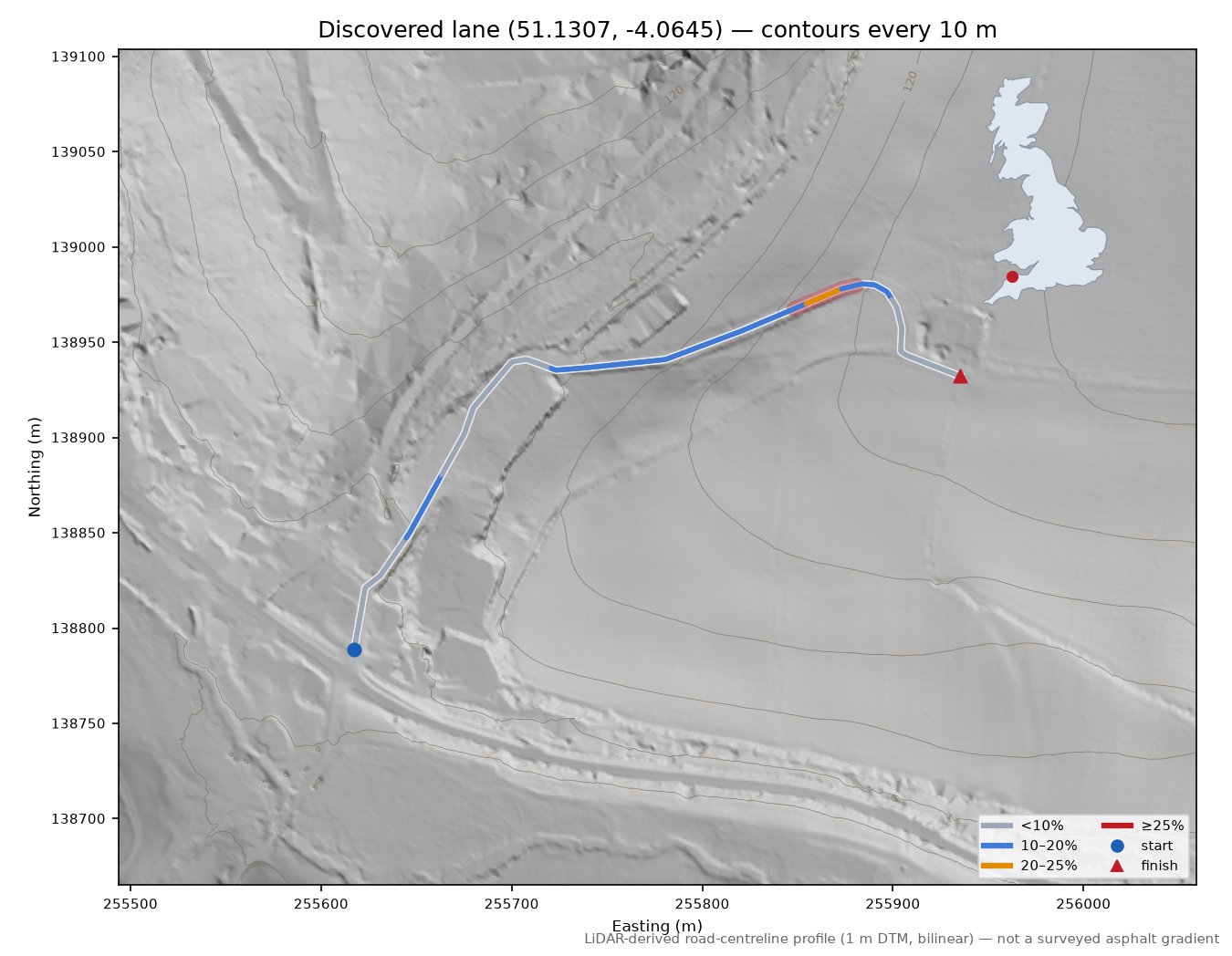 Discovered lane (51.1307, -4.0645) LiDAR hillshade map with contours
