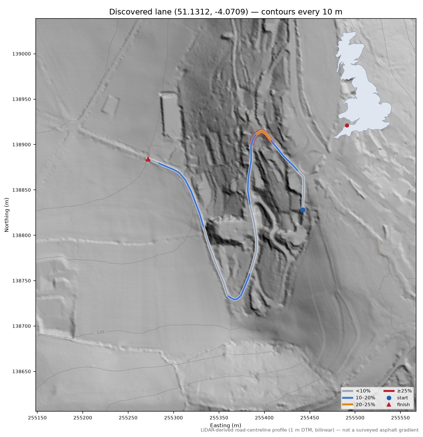 Discovered lane (51.1312, -4.0709) LiDAR hillshade map with contours