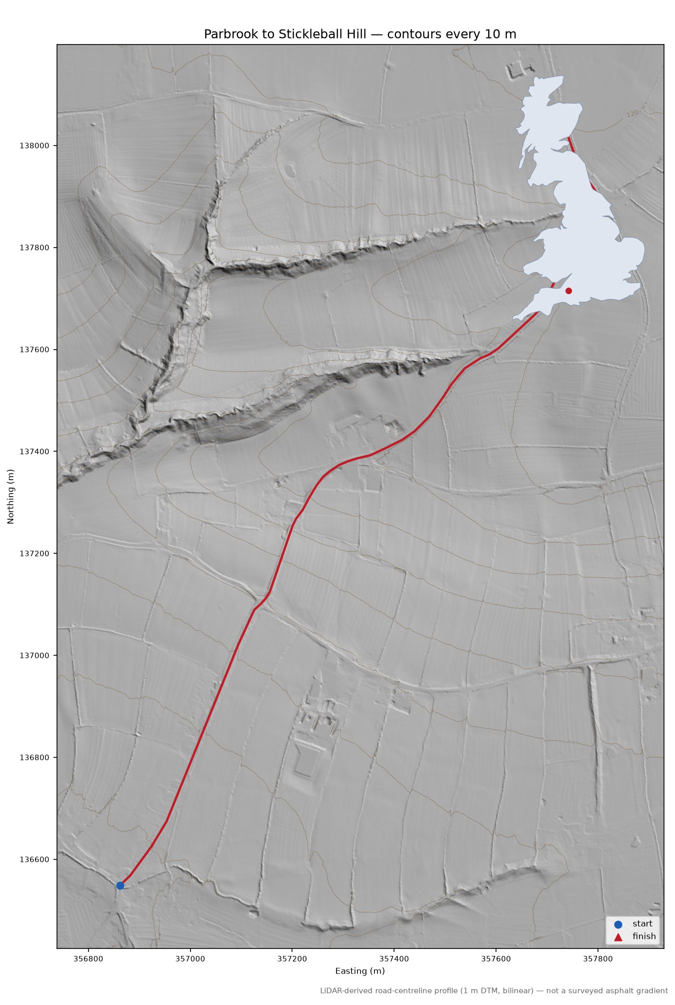 Parbrook to Stickleball Hill LiDAR hillshade map with contours