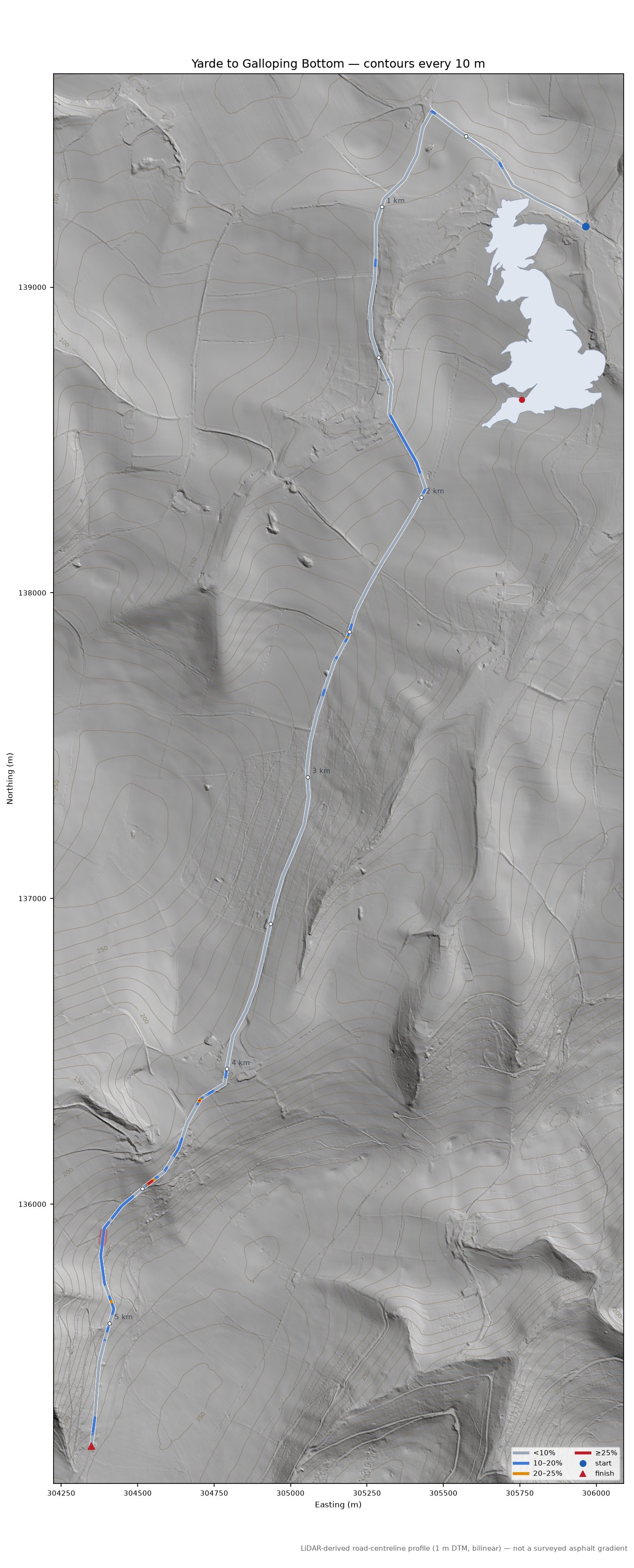 Yarde to Galloping Bottom LiDAR hillshade map with contours