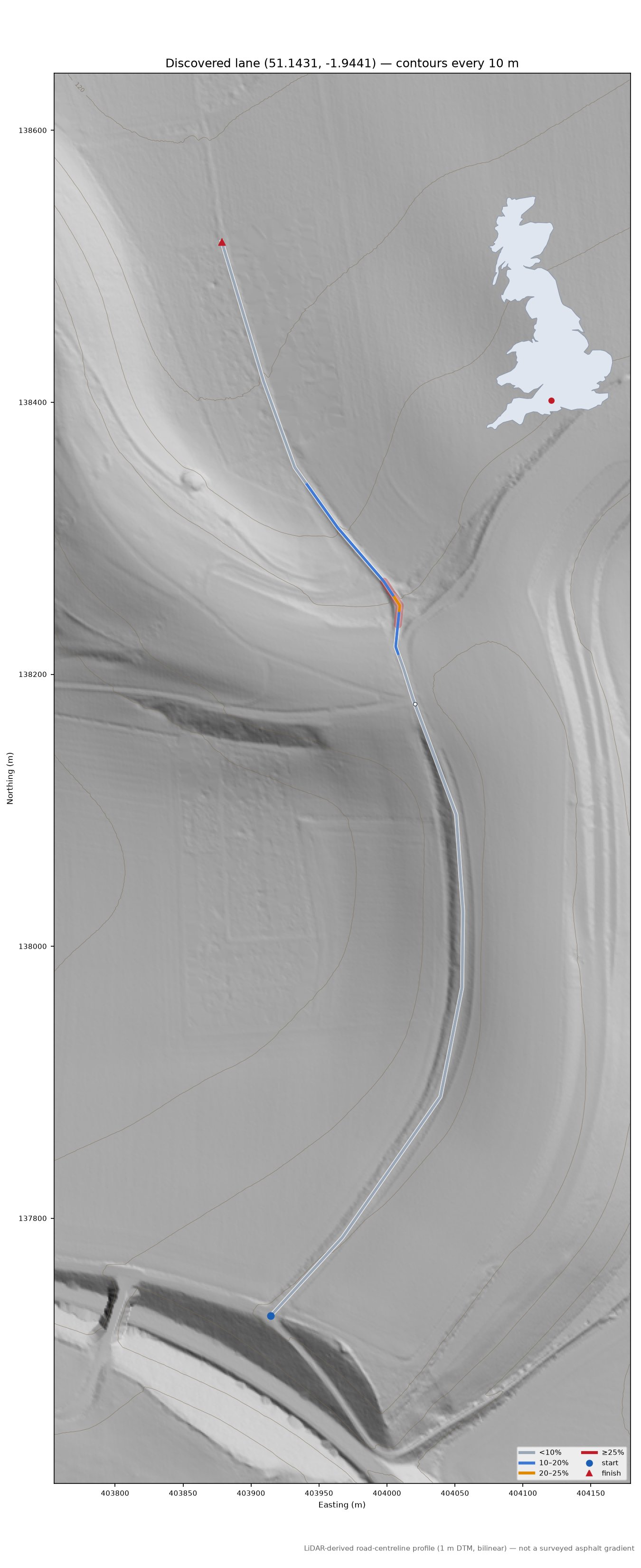 Discovered lane (51.1431, -1.9441) LiDAR hillshade map with contours