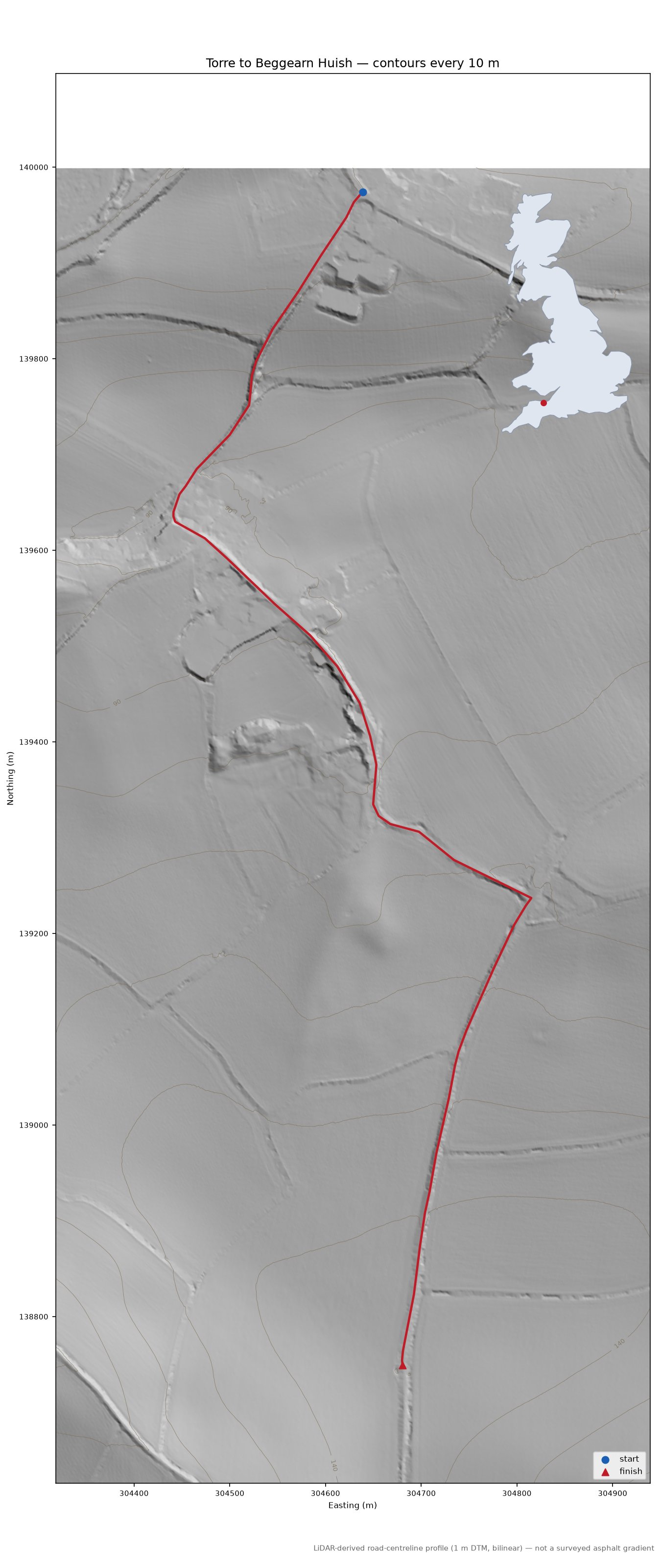 Torre to Beggearn Huish LiDAR hillshade map with contours