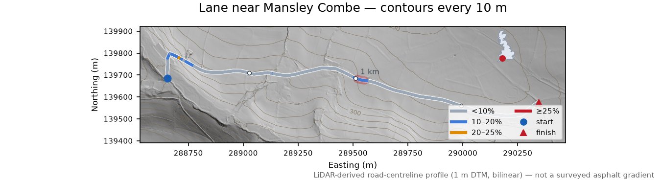 Lane near Mansley Combe LiDAR hillshade map with contours