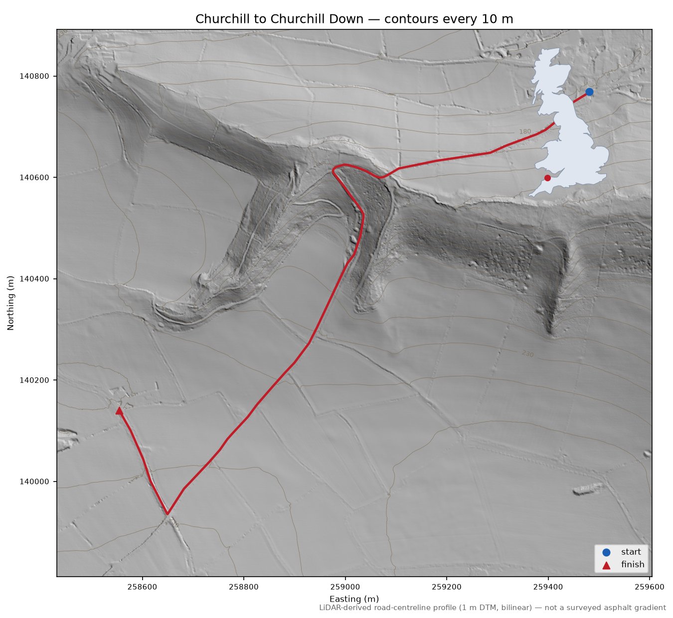 Churchill to Churchill Down LiDAR hillshade map with contours