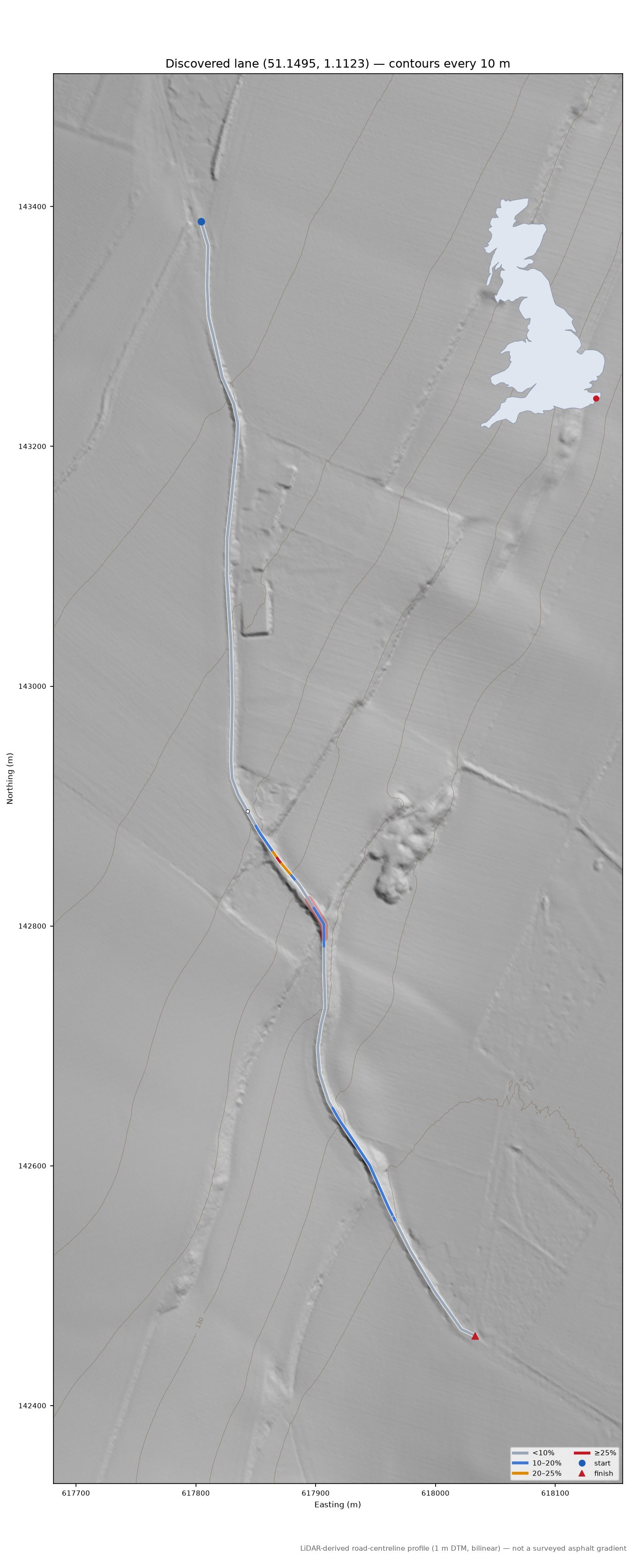 Discovered lane (51.1495, 1.1123) LiDAR hillshade map with contours